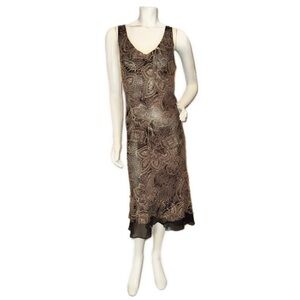 👗🌿 ICE Vintage 90s Boho Glam Mesh-Hem Silk Midi Dress | Black Gold Paisley | 10